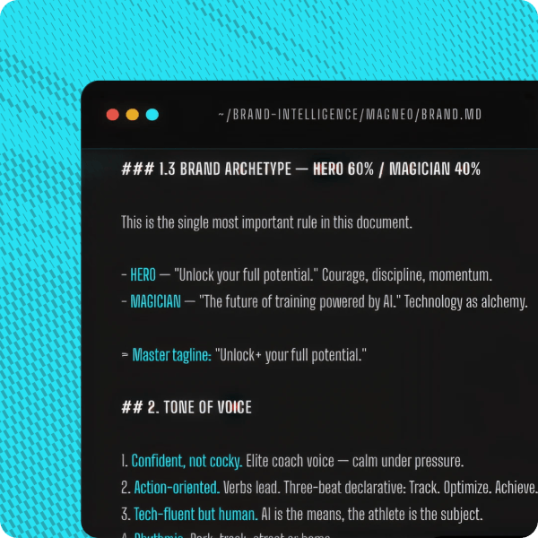 Brand Oracle source brand.md showing tone of voice, archetypes and percentage mix